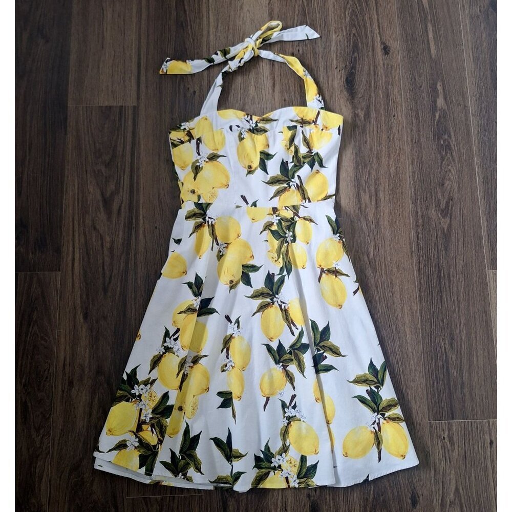💙 Topdress Lemon Print Halter Neck Dress Size S Smocked Back Retro Preppy Cotta